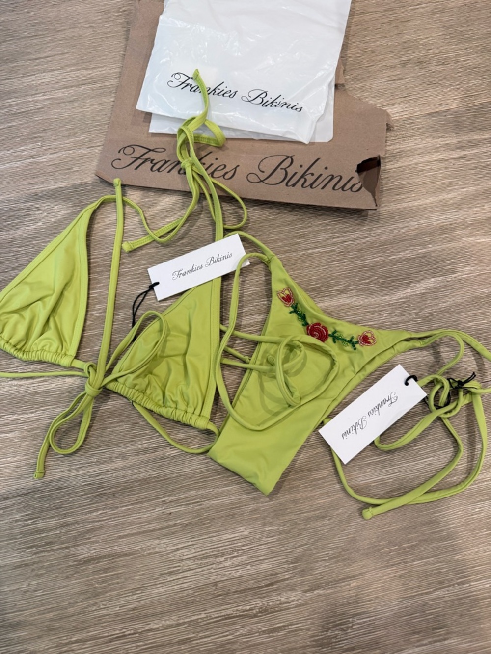 Frankie's Bikinis Lime Green Embroidered Triangle Bikini Set